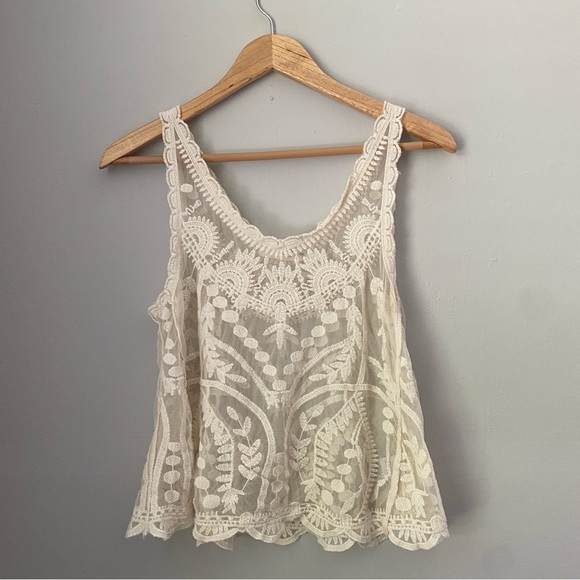 Love Tree Happens sleeveless cream boho bohemian scalloped sheer tank top S - Picture 1 of 14